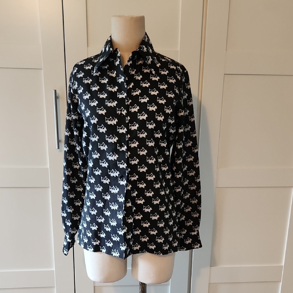 Lady Manhattan Vintage Slim Fit Black White Scottie Dog Blouse Size 6